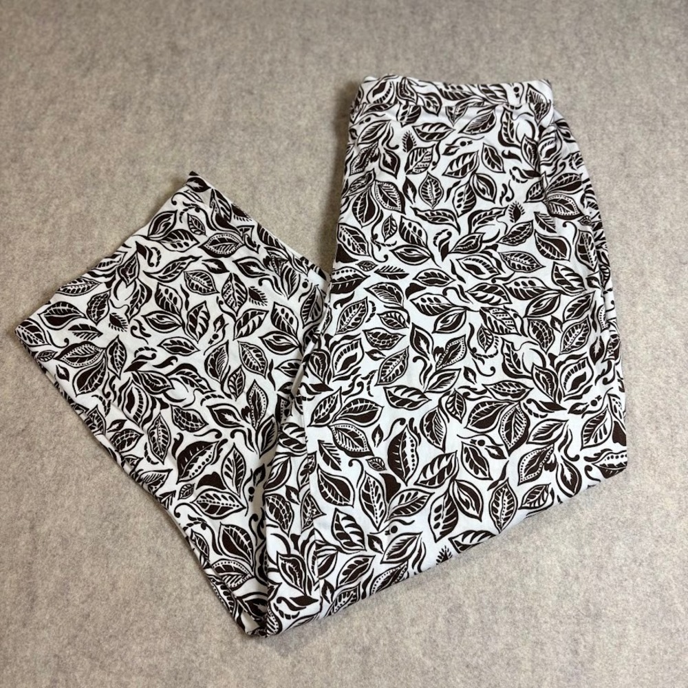 JM‎ Collection Crop Pants Womens 12 Brown White Cotton Leaf Print Coastal Zip